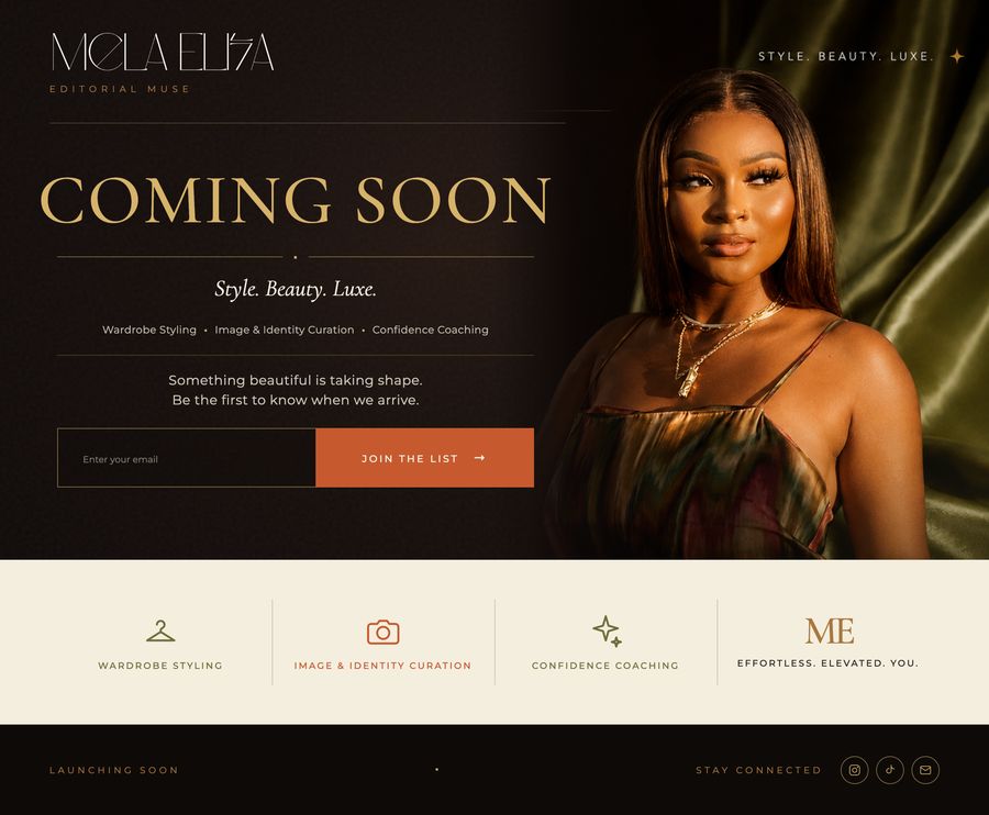 The Mela Eliza coming-soon page: logo, COMING SOON headline, waitlist form, and one of six editorial portraits.
