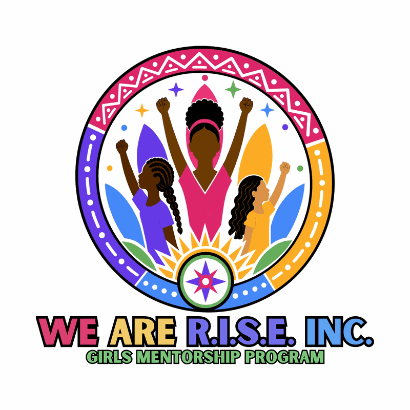 The refreshed We Are R.I.S.E. logo: a circular emblem with three girls raising their fists, framed by petals, a sunburst, and a compass.