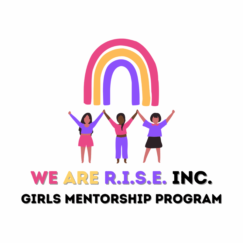 The original We Are R.I.S.E. logo: a hand-drawn rainbow above three girls holding hands, in pink, yellow, and purple.