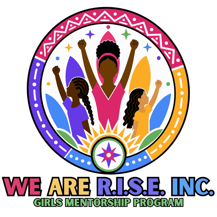 We Are R.I.S.E. Inc. primary logo: three girls with raised fists inside a patterned circular badge, above a compass rose, with a multicolour wordmark beneath.
